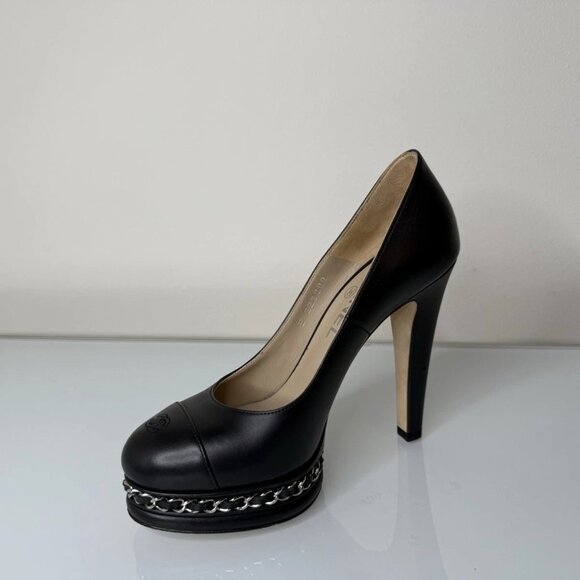 Chanel Black Leather Platform Silver Chain Pump Heel Shoes Sz 36 EU CC Cap Toe - Picture 3 of 12